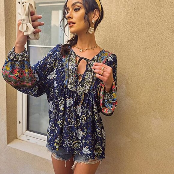 Navy Blue Boho Floral Printed Tie V-Neck Loose Flowy Long Sleeve Top Blouse - Picture 1 of 6